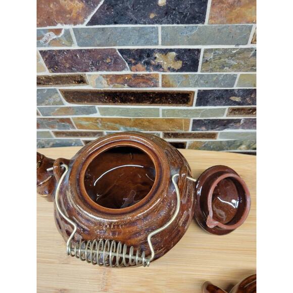 Vintage Teapot Sugar Creamer Set, Wire Handle, Brown Gold Trim, Japan Red Ware - Picture 5 of 7